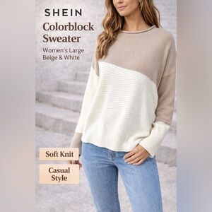 SHEIN Colorblock Sweater Women Large Beige White Oversized Knit Casual Pullover